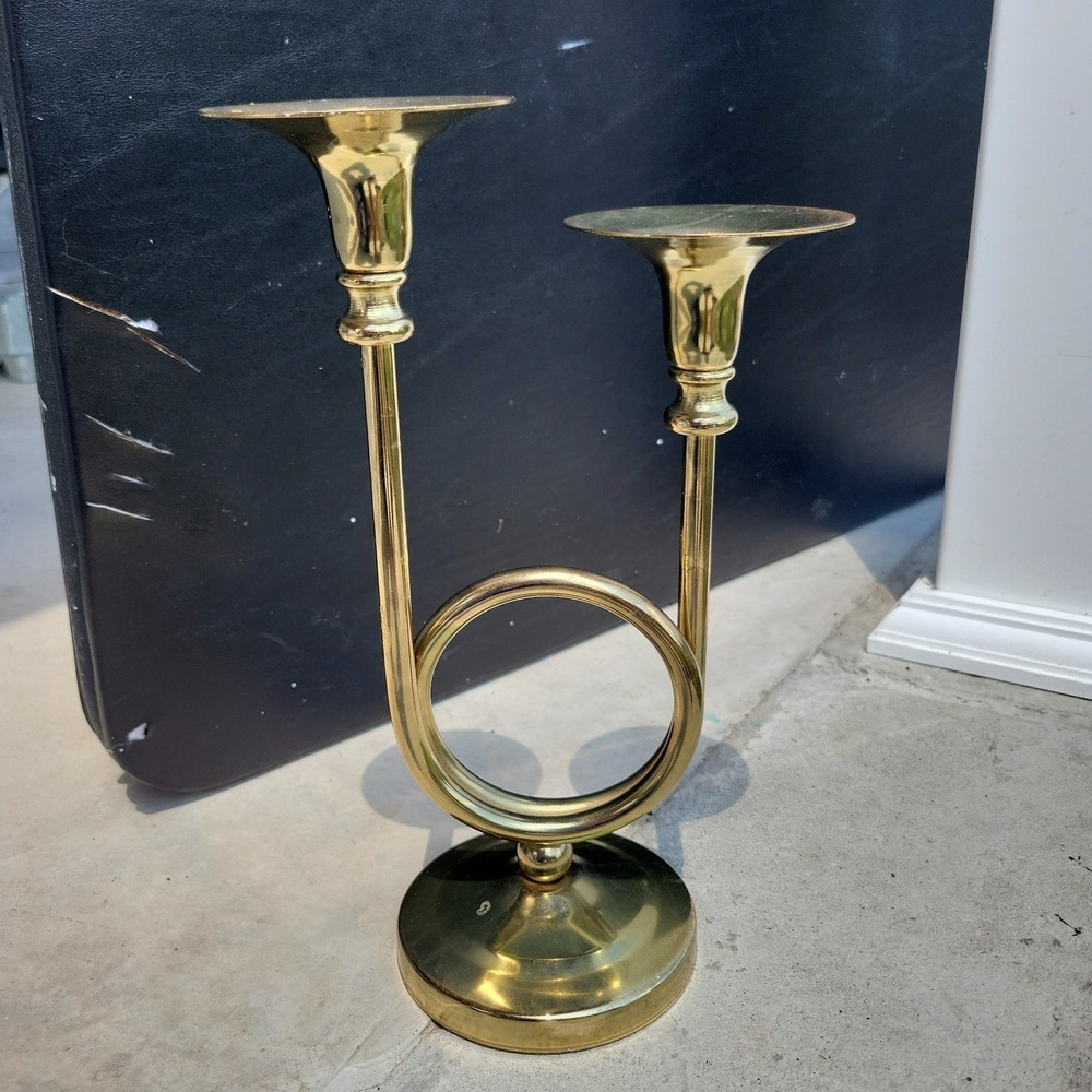 Vintage Double Brass Candlestick Candle Holder French Horn Trumpet Candelabra